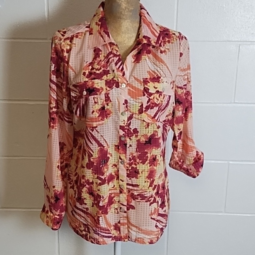 Pink Coral Burgundy Orange Abstract Floral & Check Shirt Roll Tab Sleeve